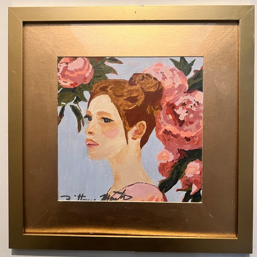 Elegant Female Portrait with Pink Rose Floral Accents in Gold Frame by Brittony